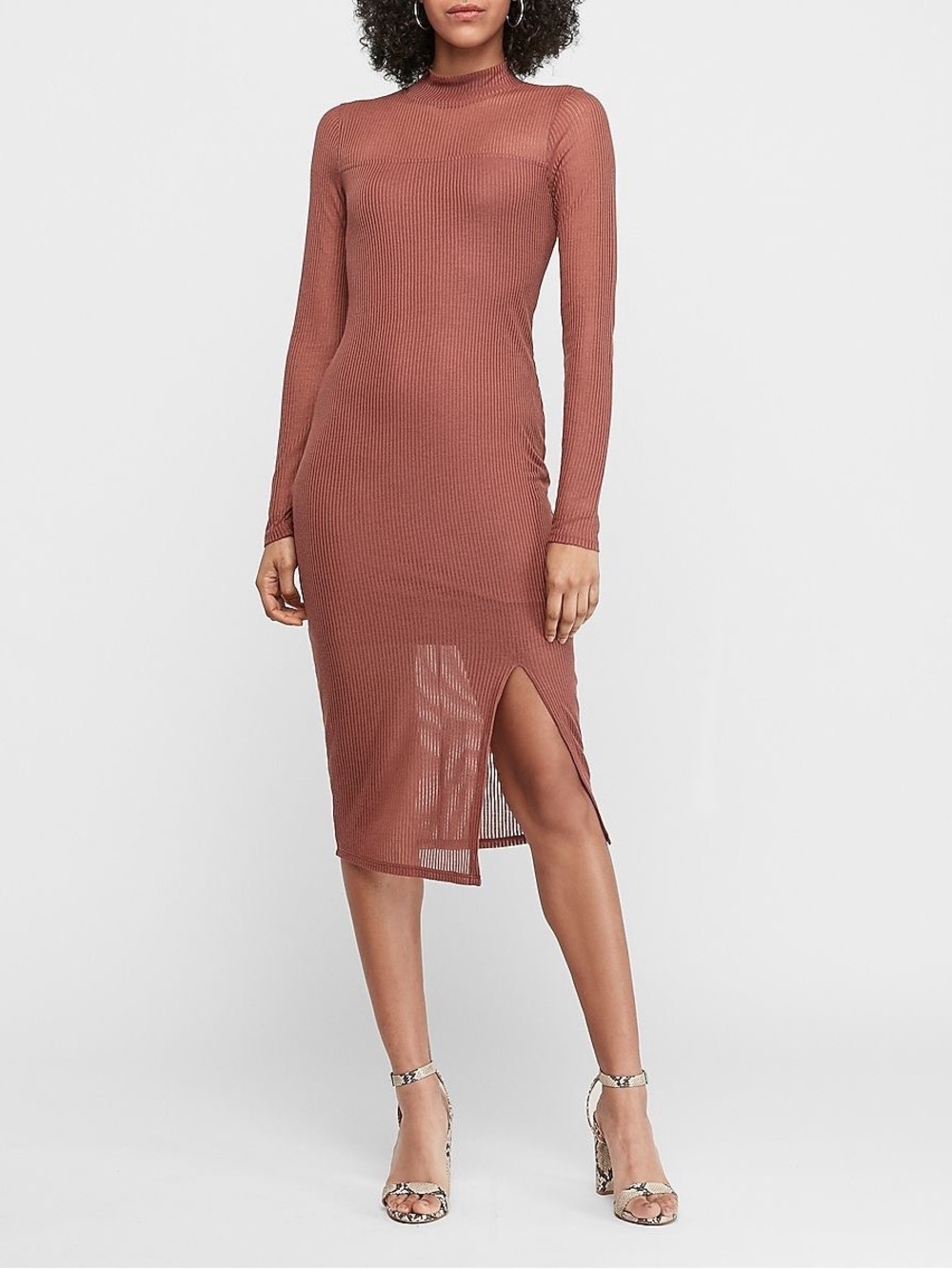 Express Ribbed Long-Sleeve Midi Dress in Dusty Rose